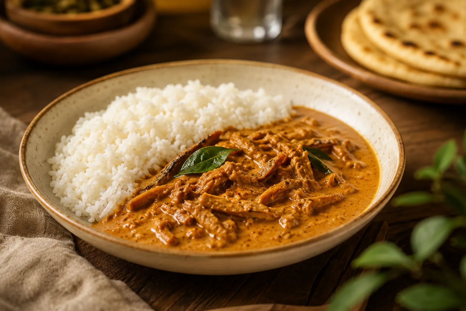 Sprats curry plated with steamed rice, with flatbread waiting alongside