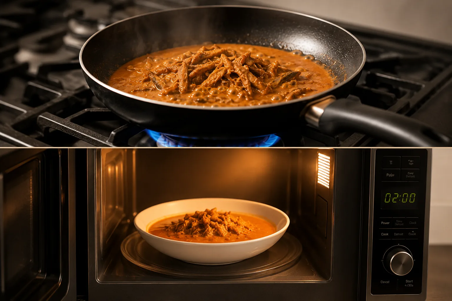 Sprats curry bubbling in a pan on the hob and warming in a bowl in the microwave