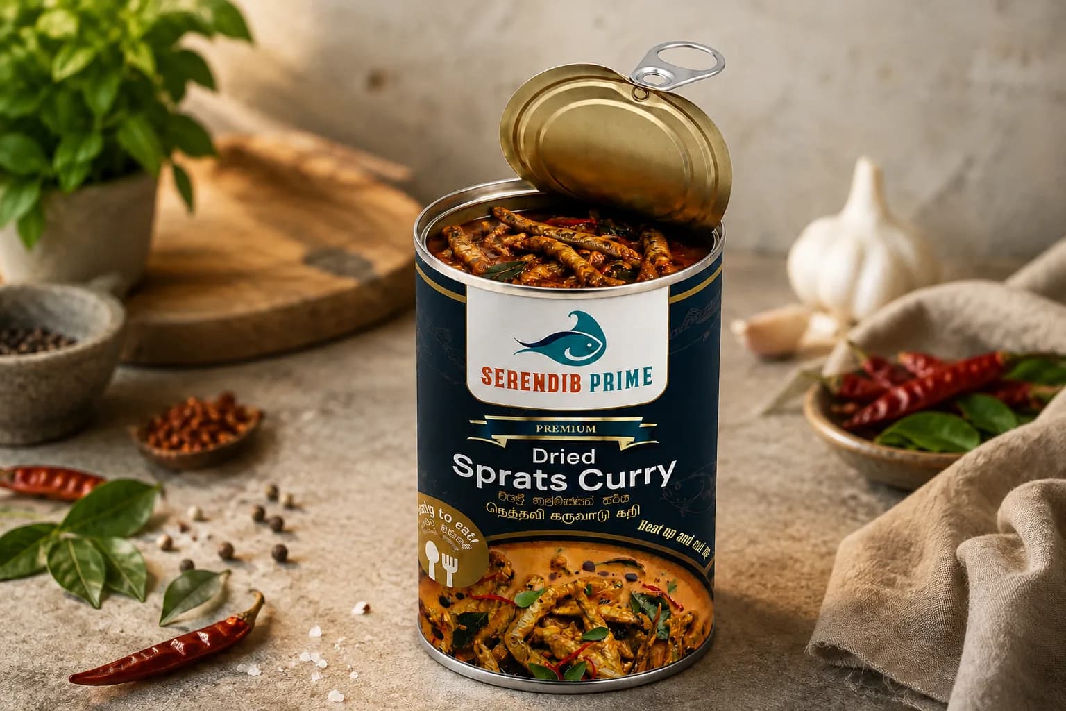 An opened tin of Serendib Prime Dried Sprats Curry with the ring-pull lid lifted